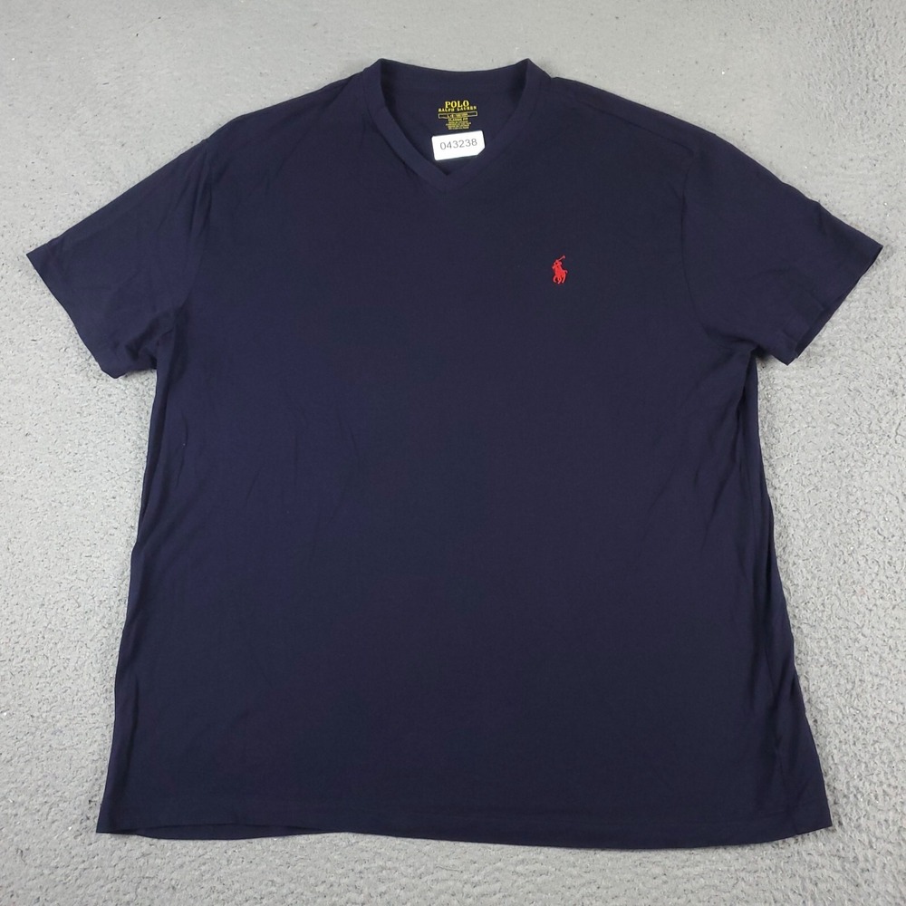 Polo Ralph Lauren Mens Large Navy Blue V-Neck T-Shirt Red Pony Logo Short Sleeve